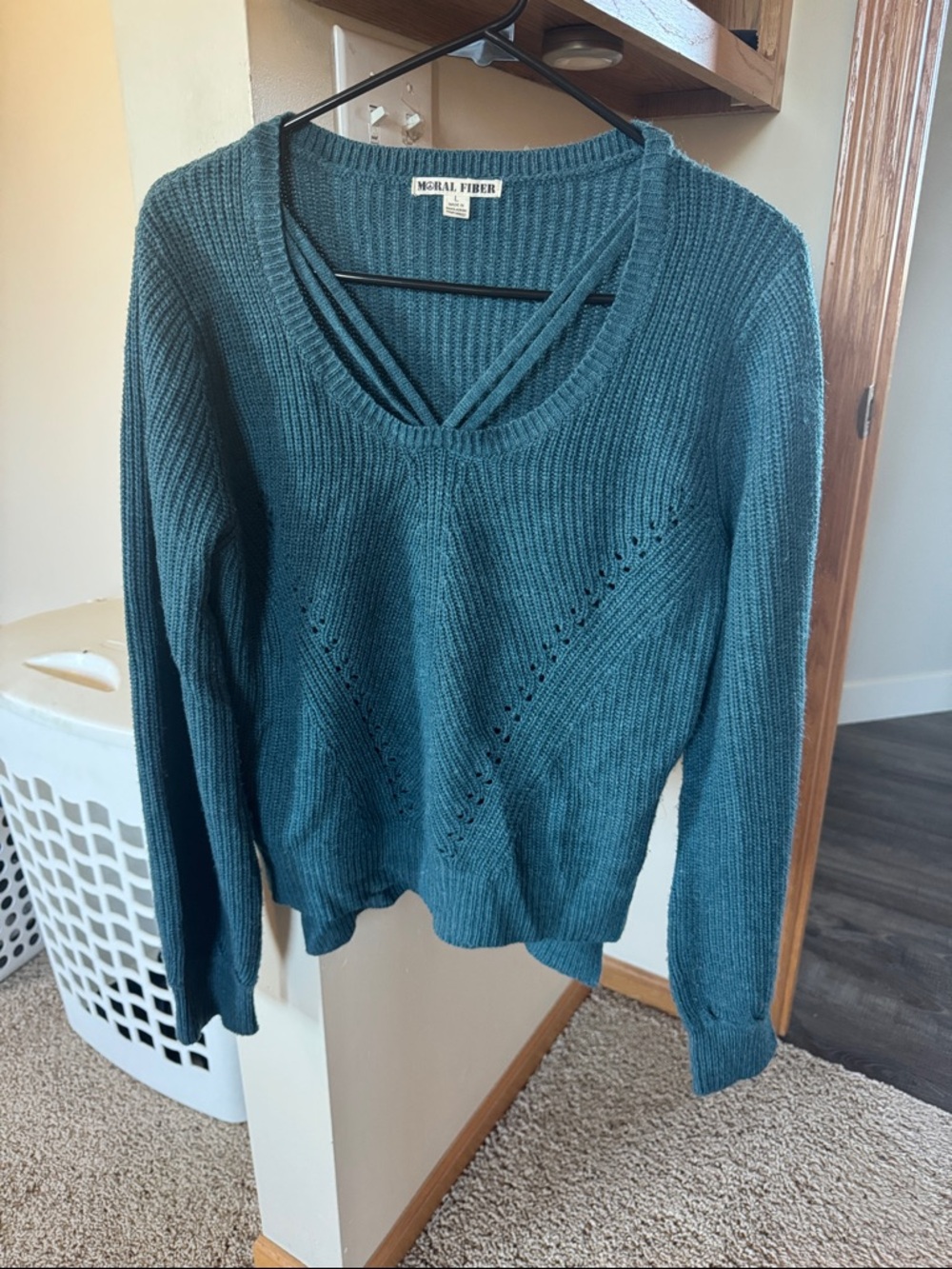 Moral Fiber Teal V-Neck Knit Sweater with Strappy Detail